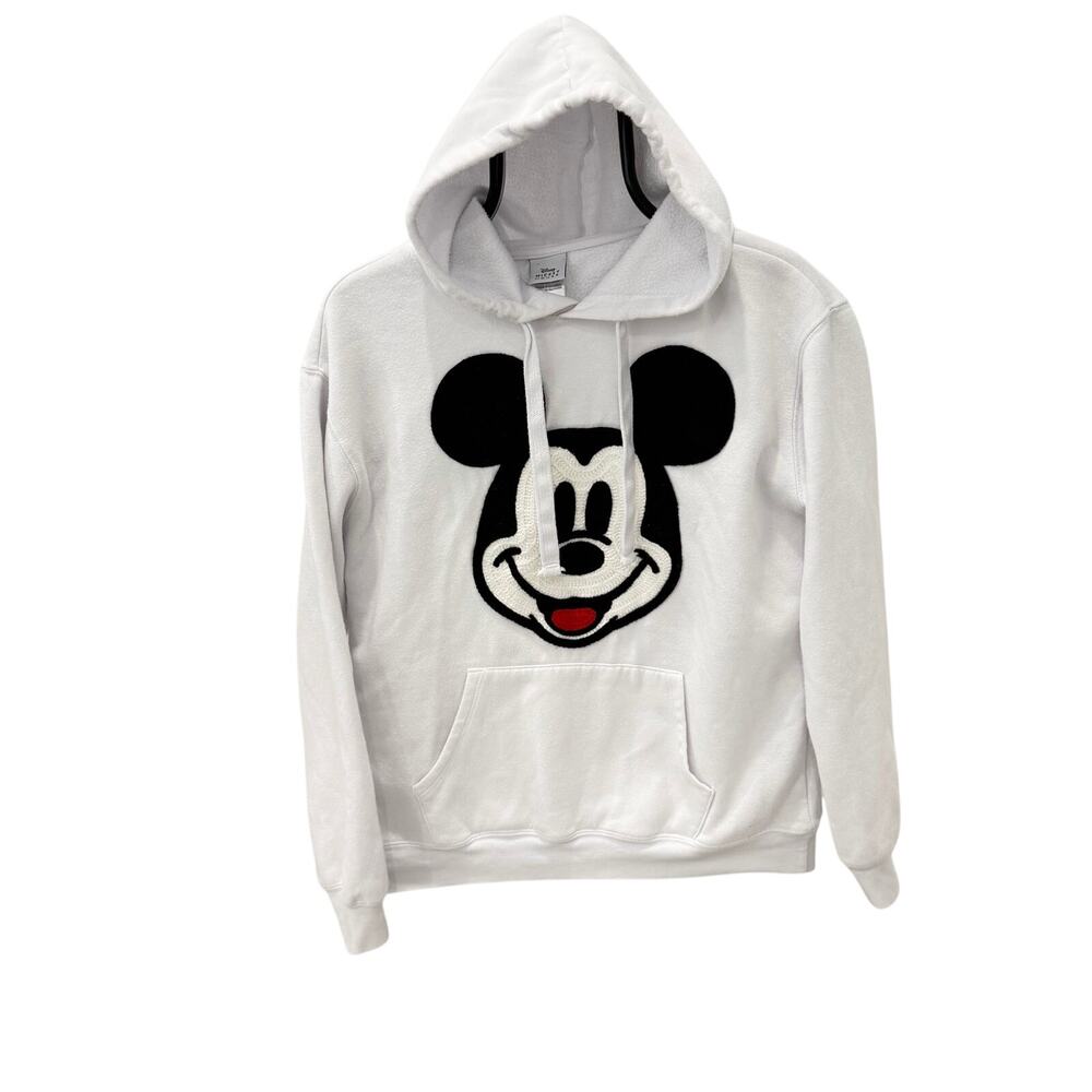 Disney Mickey Mouse White Hoodie Size Small Chenille Patch Pullover Sweatshirt